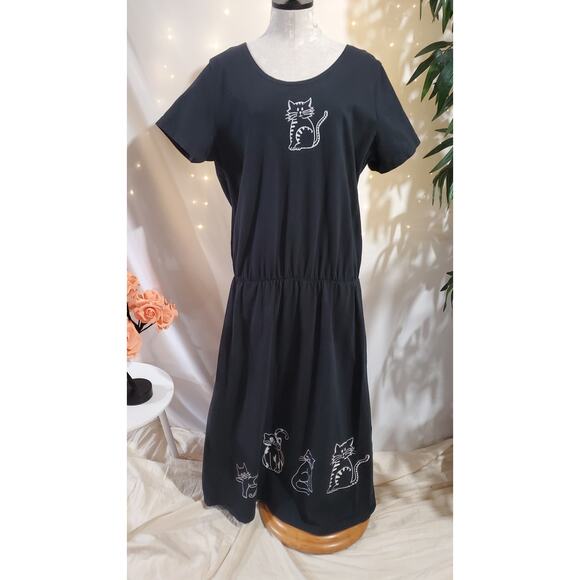 Studio Ease Dresses & Skirts - Vtg 90s Studio Ease Kitty Cat Short Sleeve Maxi Dress Size XL Black White Cotton